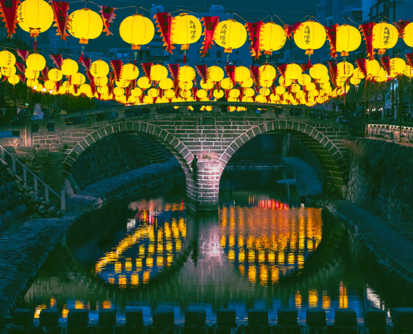 Chinese Style Lanterns Hanging over Megane Bridge