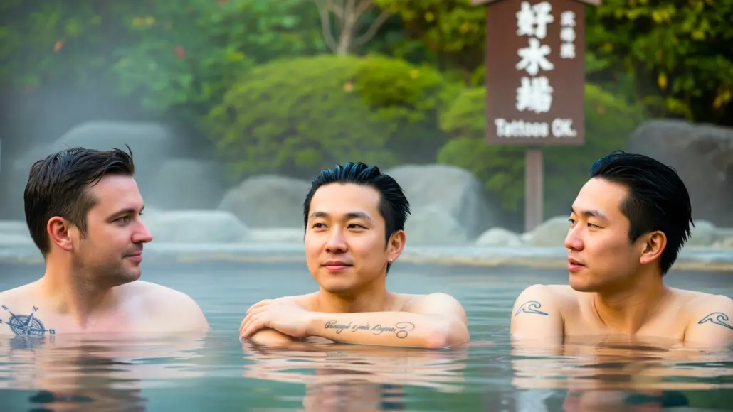 Three dudes at a tattoo friendly onsen