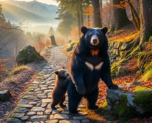 Bear with Cub On Trail in Japan - AI Generated