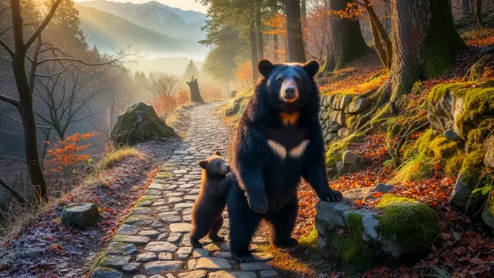 Bear with Cub On Trail in Japan - AI Generated