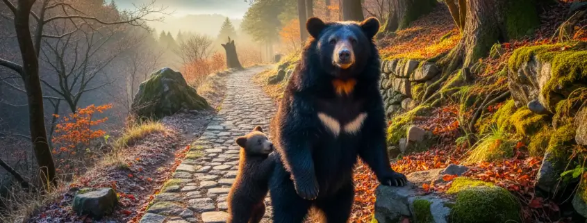 Bear with Cub On Trail in Japan - AI Generated