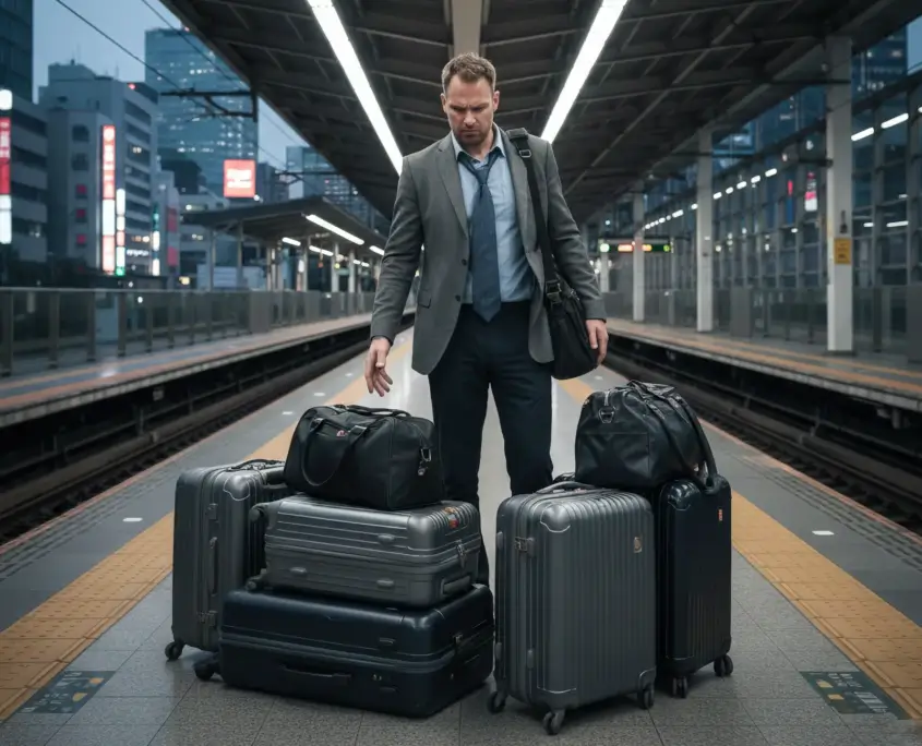 Guy on Platform with Too Much Luggage