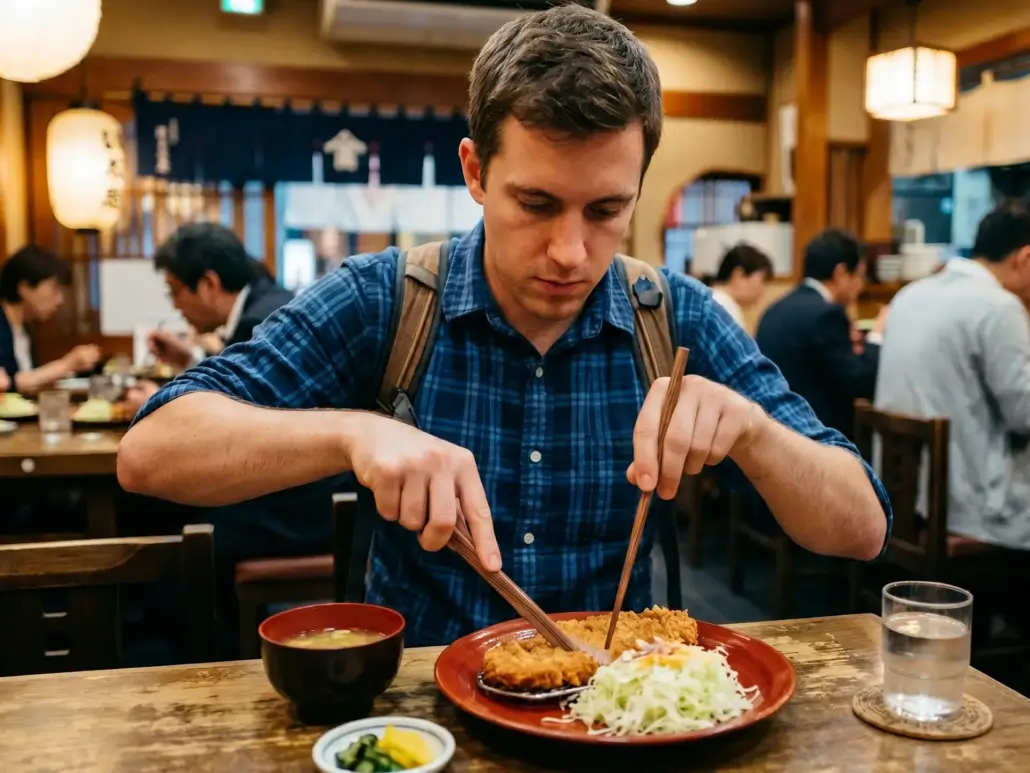 Patron cutting food with chopsticks Patron cutting food with chopsticks
