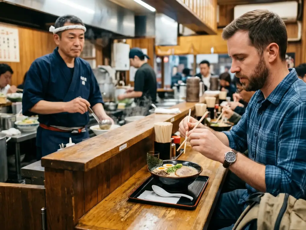 Ramen chef watching patron rub chopsticks together Ramen chef watching patron rub chopsticks together